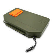 Green and orange device with a cord on a white background