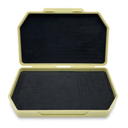 Gold hard-shell carrying case with black interior on a white background