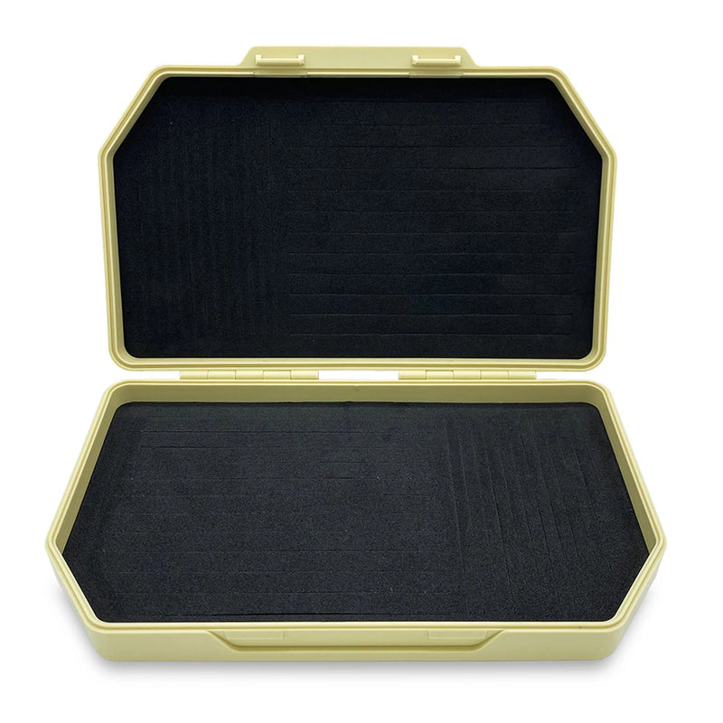 Gold hard-shell carrying case with black interior on a white background