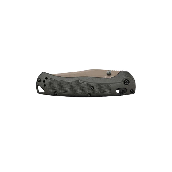 Folding knife with a black blade and brown handle on a white background