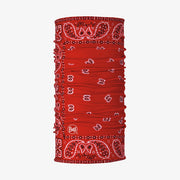 Red neck gaiter with a white paisley pattern on a white background.