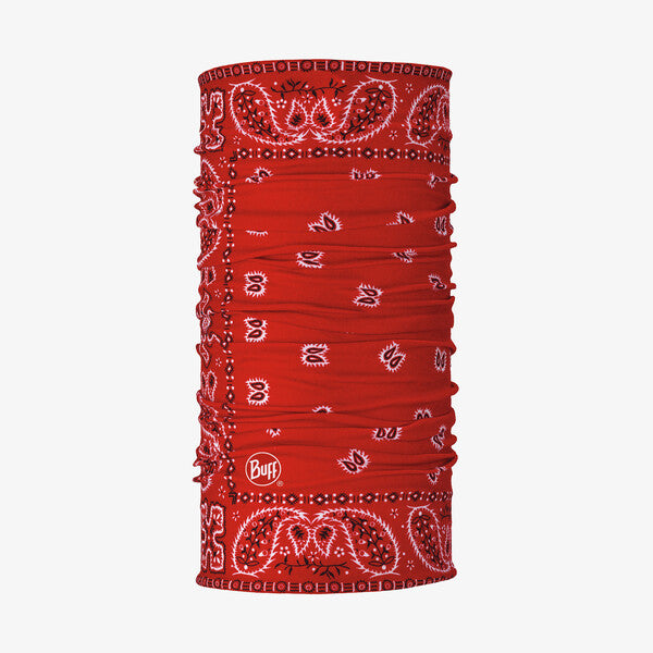 Red neck gaiter with a white paisley pattern on a white background.