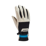 Beige and black glove with blue accents on a light gray background