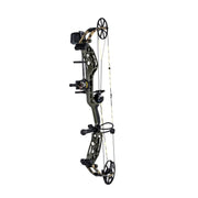 A compound bow in olive green and black with camouflage accents, shown vertically against a solid white background.