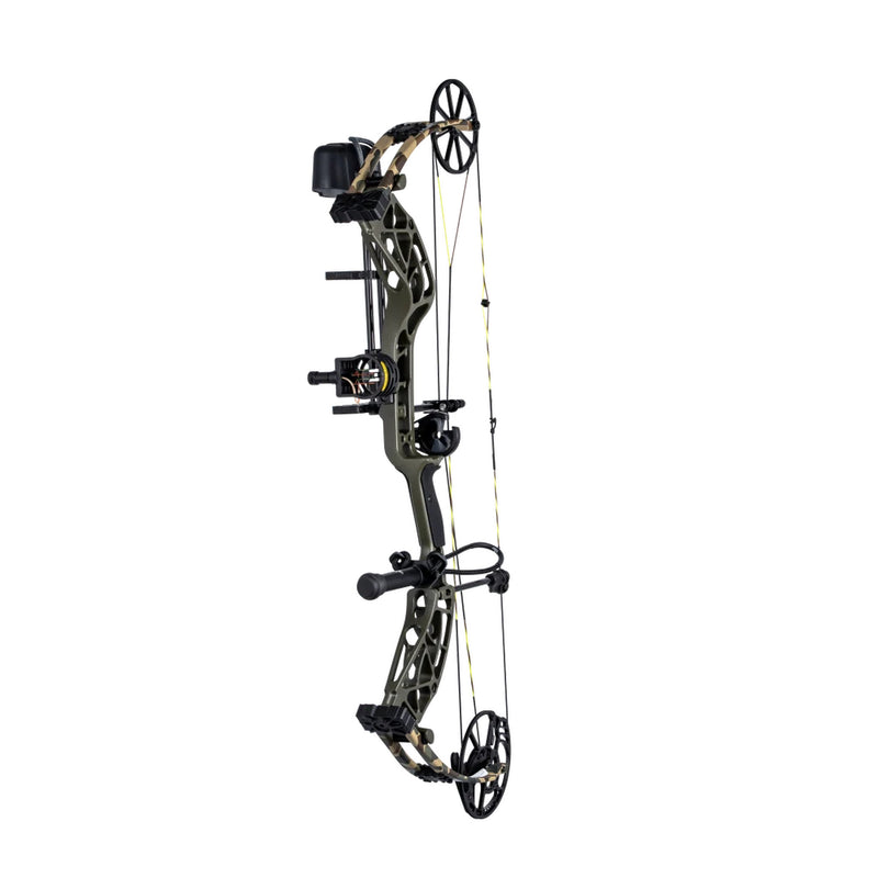 A compound bow in olive green and black with camouflage accents, shown vertically against a solid white background.
