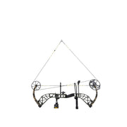 A compound bow with a black and gray riser, camo-patterned limbs, and attached accessories including a sight, stabilizer, and quiver, shown against a plain white background.