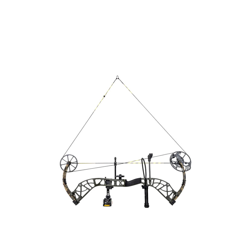A compound bow with a black and gray riser, camo-patterned limbs, and attached accessories including a sight, stabilizer, and quiver, shown against a plain white background.