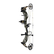 A compound bow in dark olive green and black with tan camo accents on the cables, shown against a solid white background.
