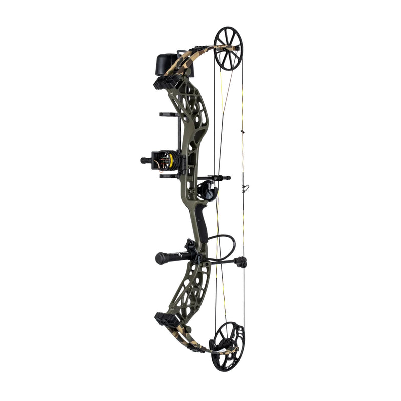 A compound bow in dark olive green and black with tan camo accents on the cables, shown against a solid white background.