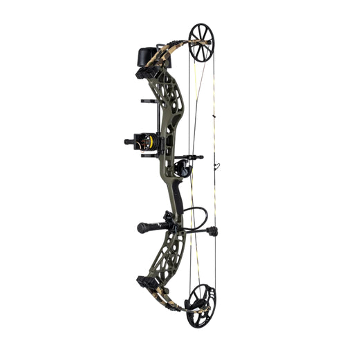 A compound bow in dark olive green and black with tan camo accents on the cables, shown against a solid white background.