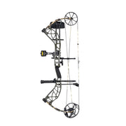 A compound bow with a black and olive green riser, black limbs, and black accessories including a stabilizer, sight, and quiver, shown against a plain white background.