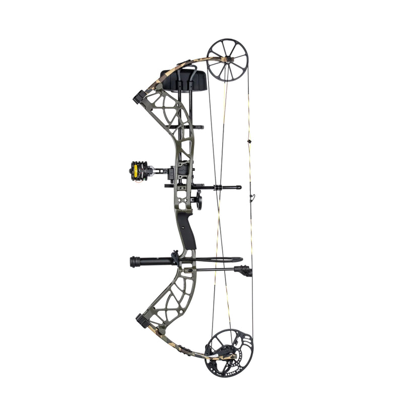 A compound bow with a black and olive green riser, black limbs, and black accessories including a stabilizer, sight, and quiver, shown against a plain white background.