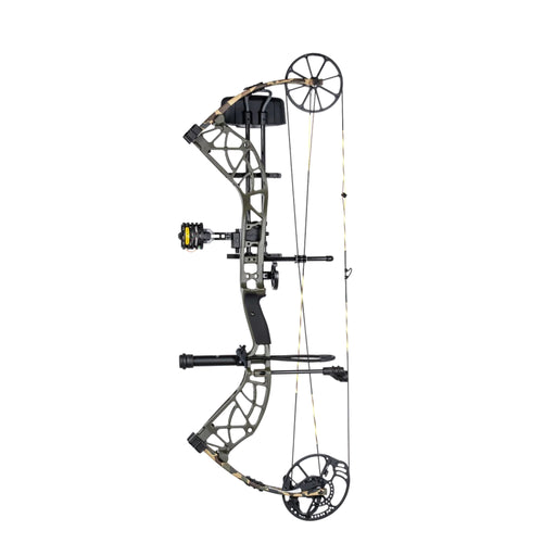 A compound bow with a black and olive green riser, black limbs, and black accessories including a stabilizer, sight, and quiver, shown against a plain white background.