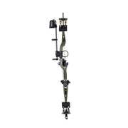 A compound bow with an olive green riser and black accessories, including a sight, stabilizer, and quiver mount, shown against a plain white background.