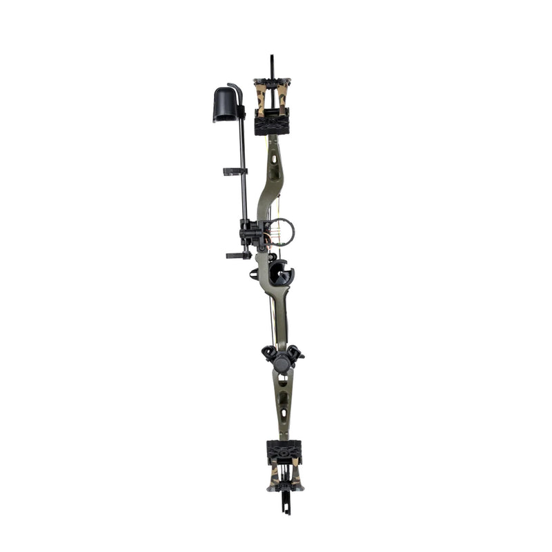 A compound bow with an olive green riser and black accessories, including a sight, stabilizer, and quiver mount, shown against a plain white background.