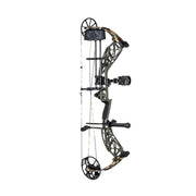 A compound bow in olive green and black with camouflage accents, shown vertically against a solid white background.