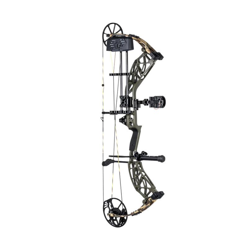 A compound bow in olive green and black with camouflage accents, shown vertically against a solid white background.