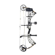 A compound bow with a black and tan camouflage pattern, featuring a sight, stabilizer, quiver, and dual cams, shown against a plain white background.