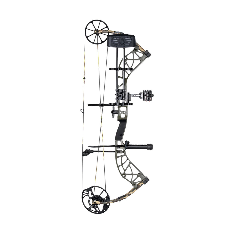 A compound bow with a black and tan camouflage pattern, featuring a sight, stabilizer, quiver, and dual cams, shown against a plain white background.