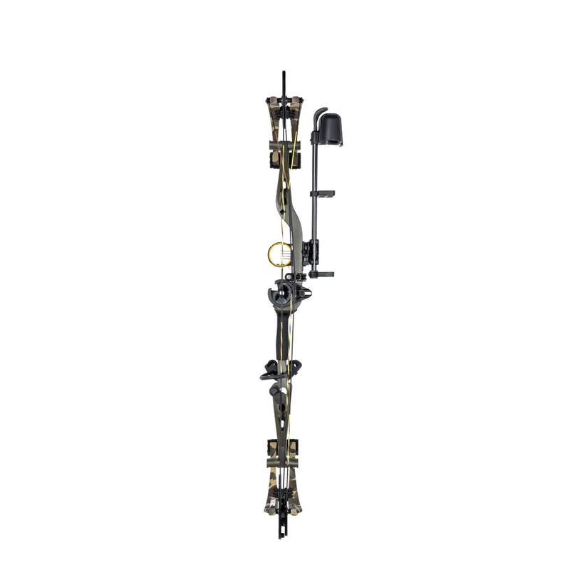 A compound bow with a black and olive green camo pattern, featuring a black sight and stabilizer, photographed vertically against a solid white background.