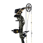 A compound bow with a black and tan camouflage riser, olive green limbs, black accessories, and yellow-and-black arrows, shown against a solid white background.