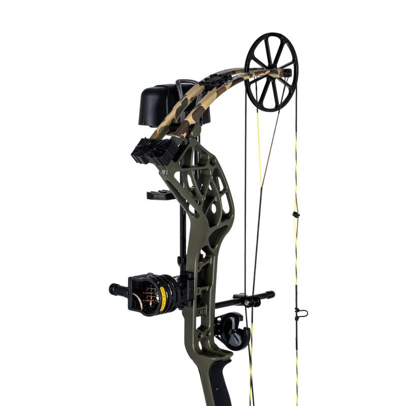 A compound bow with a black and tan camouflage riser, olive green limbs, black accessories, and yellow-and-black arrows, shown against a solid white background.