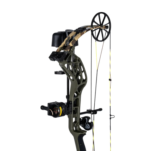 A compound bow with a black and tan camouflage riser, olive green limbs, black accessories, and yellow-and-black arrows, shown against a solid white background.