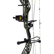 A compound bow in olive green and black with mounted accessories, shown against a plain white background.