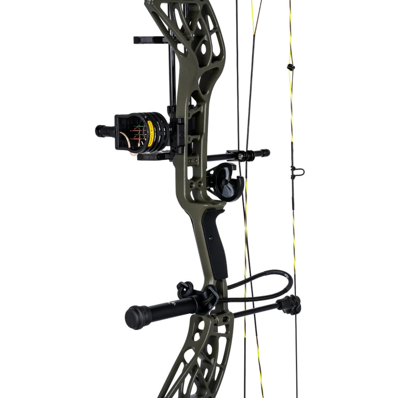 A compound bow in olive green and black with mounted accessories, shown against a plain white background.