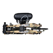 A compound bow with a camouflage pattern stock and black accessories, including a black sight and a black quiver, shown against a plain white background.