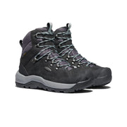 Pair of gray hiking boots with laces on a white background