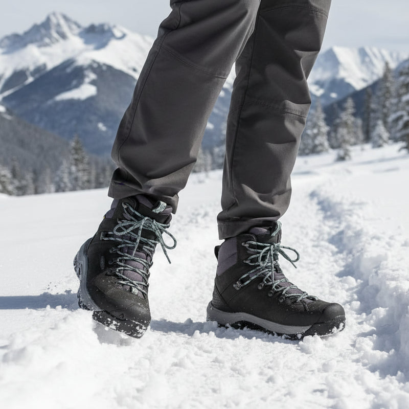 Pair of gray hiking boots with laces on a white background