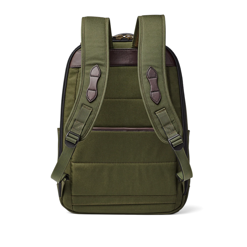 Back view of an olive colored backpack against a white background. 