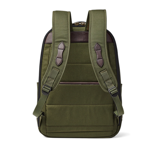 Back view of an olive colored backpack against a white background. 