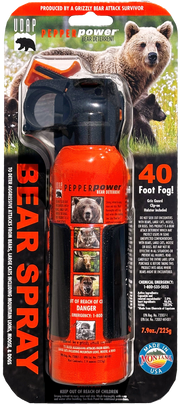 Bear spray featuring a picture of a bear on the package.