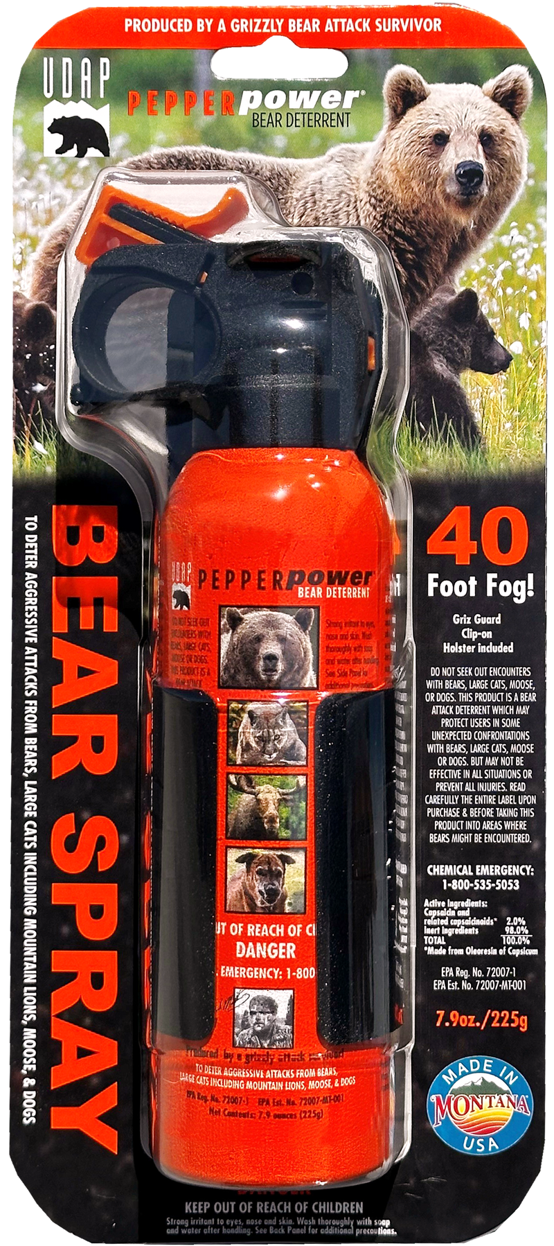 Bear spray featuring a picture of a bear on the package.