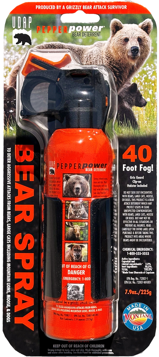 Bear spray featuring a picture of a bear on the package.