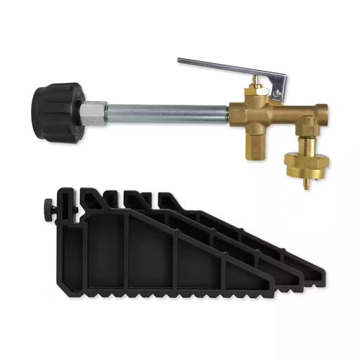 Propane transfer nozzle kit and propane tank stands on a white background