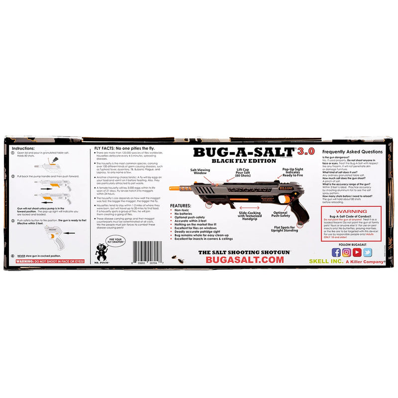 The back of the retail packaging box for the Bug-A-Salt 3.0 Black Fly Edition toy shotgun, featuring product instructions, features, and frequently asked questions on a white background.