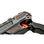 Close-up of a black salt blaster pistol with orange accents, featuring embossed text including 'BUG-A-SALT' and 'DO NOT SHOOT IN FACE OR EYES', on a white background.