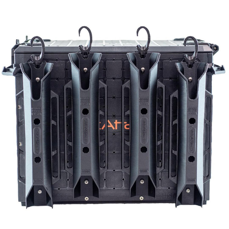 Black modular storage system with fishing rod holders on a white background