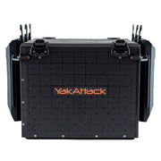 A black Yak Attack fishing crate with rod holders on either size on a white background