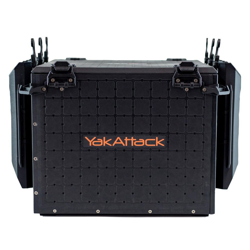 A black Yak Attack fishing crate with rod holders on either size on a white background