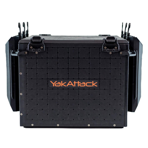 A black Yak Attack fishing crate with rod holders on either size on a white background