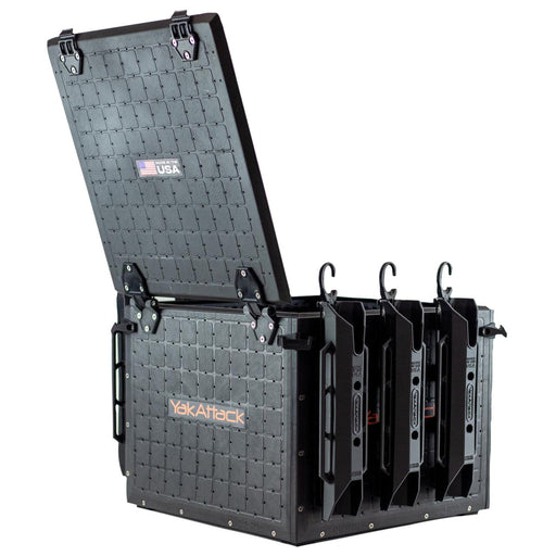 A YakAtack Blackpak Pro kayak fishing crate sits open on a white background. Visible on the closest side are 3 mounted rod holders.