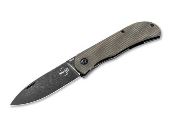 Black knife with a tan handle with a visible Boker logo on it on a white background.