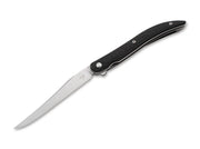Long, thin knife with a black handle on a white background.