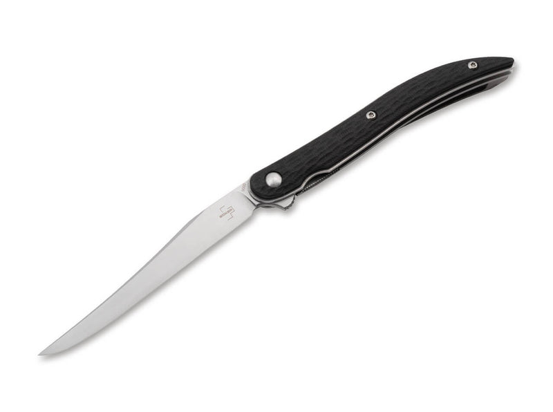 Long, thin knife with a black handle on a white background.
