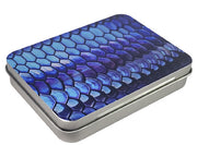 Blue box filled with 12 fly lures with a blue tarpon pattern on it. 