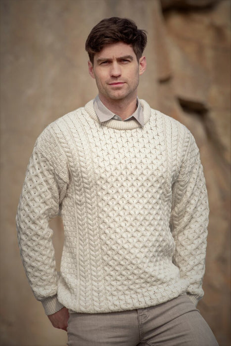 Aran Crafts Mens Kildare Merino Crew Neck Cabled Sweater